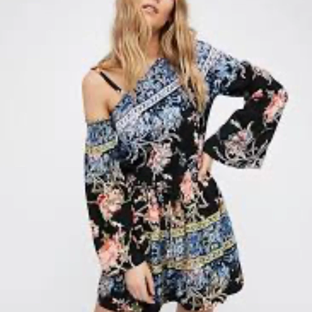 Free People Modern Nomad Mini Dress Large One Shoulder Boho Floral Long Sleeve